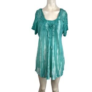 Sakkas Women Plus Size Teal Tie Dye Boho Embroidered Sequin Lace Up Tunic Top
